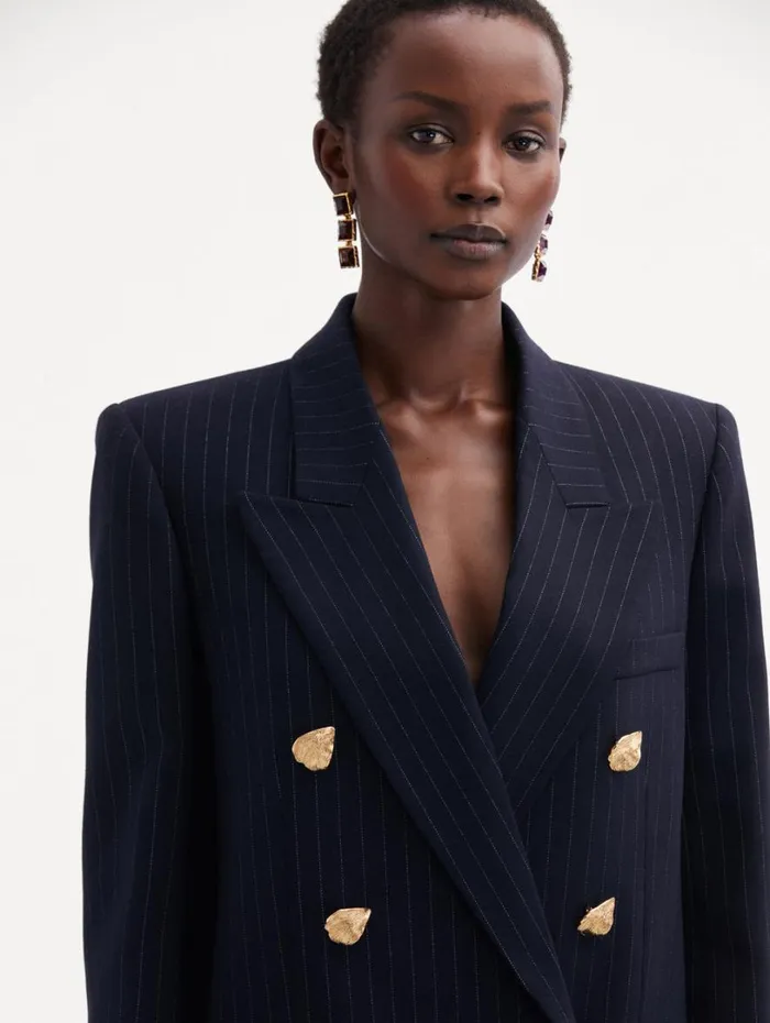 Oscar De La Renta Pinstriped DoubleBreasted Jacket Navy and White Women Jackets and Coats Oscar De La Renta Pinstriped DoubleBreasted Jacket Navy and White Women Jackets and Coats