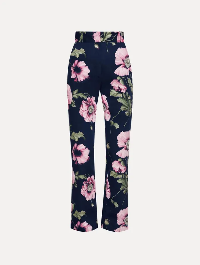 Oscar De La Renta Poppy Cotton Twill Pant Navy Pink Women Pants and Skirts