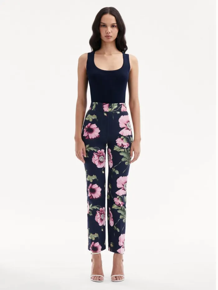 Oscar De La Renta Poppy Cotton Twill Pant Navy Pink Women Pants and Skirts