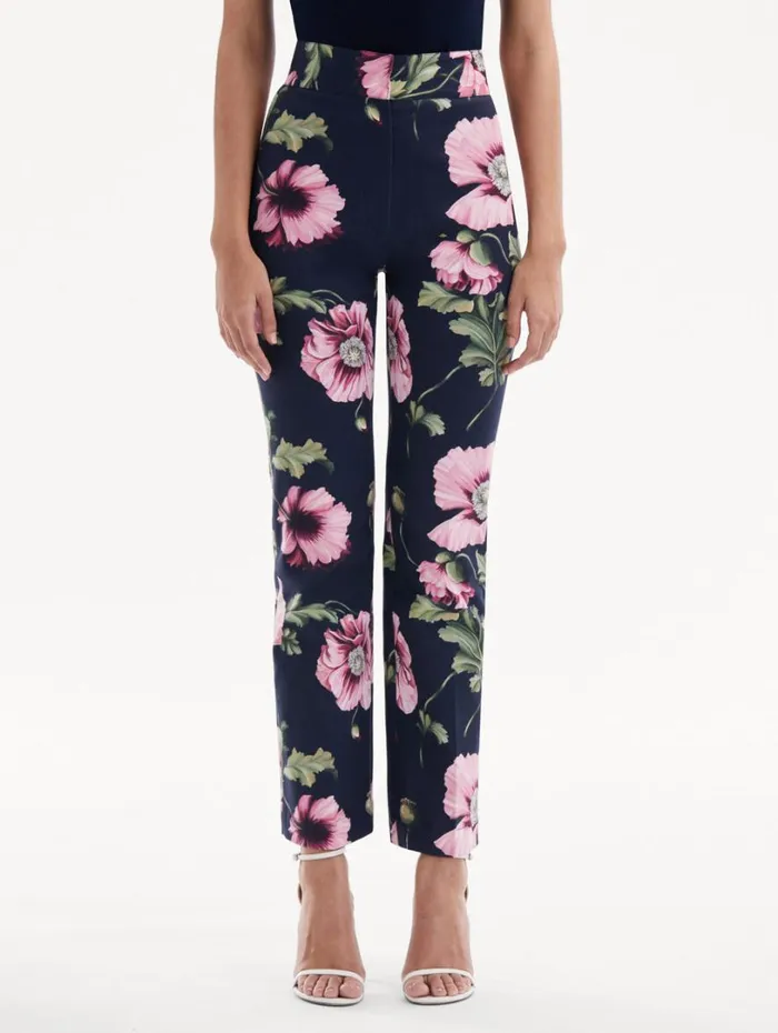 Oscar De La Renta Poppy Cotton Twill Pant Navy Pink Women Pants and Skirts