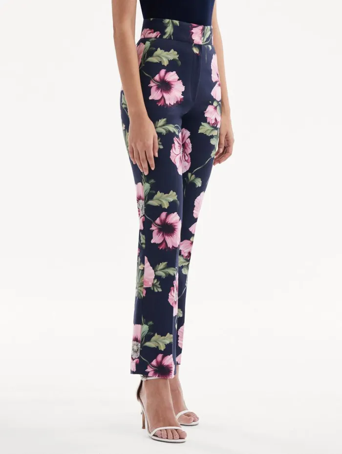 Oscar De La Renta Poppy Cotton Twill Pant Navy Pink Women Pants and Skirts