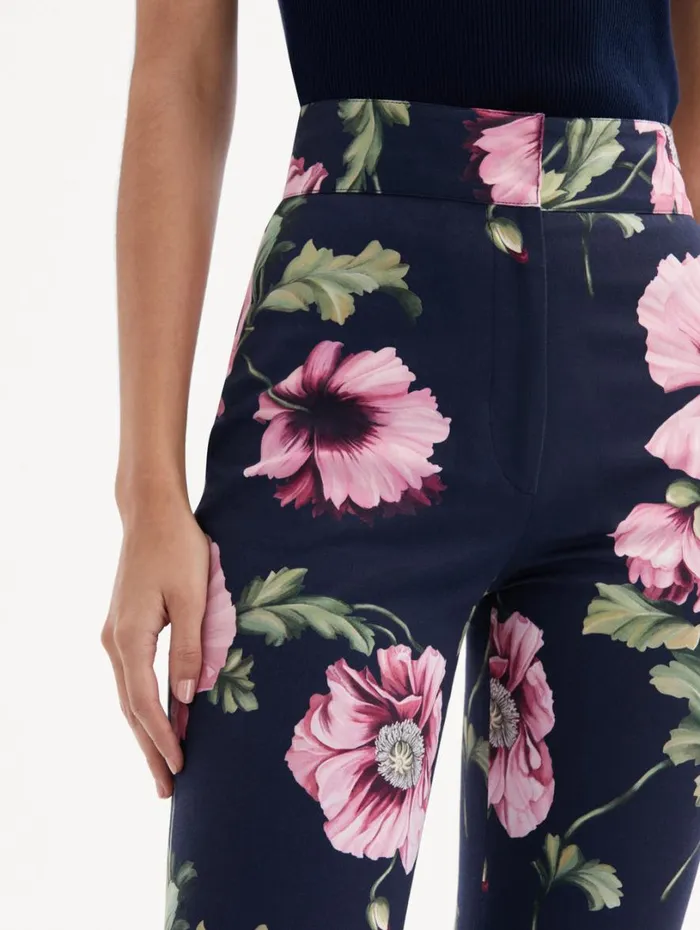 Oscar De La Renta Poppy Cotton Twill Pant Navy Pink Women Pants and Skirts
