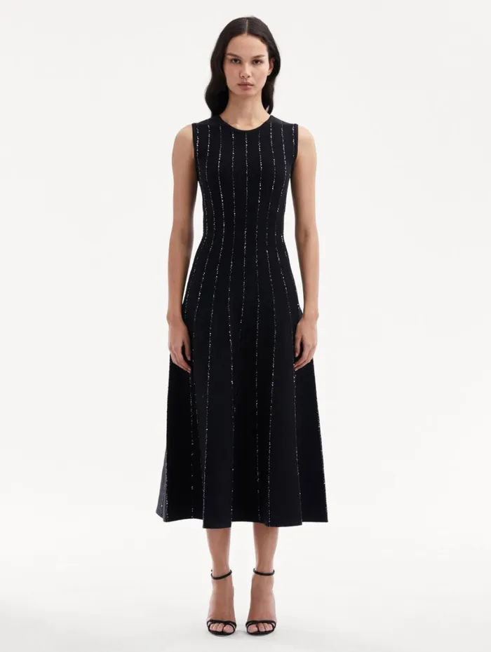 Oscar De La Renta Sequin Embroidered Knit Dress Black Women Dresses
