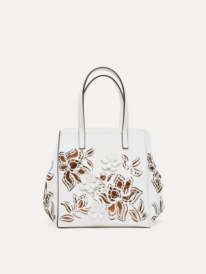 Oscar De La Renta Small Laser Cut Floral Square Tote Ivory Women Handbags