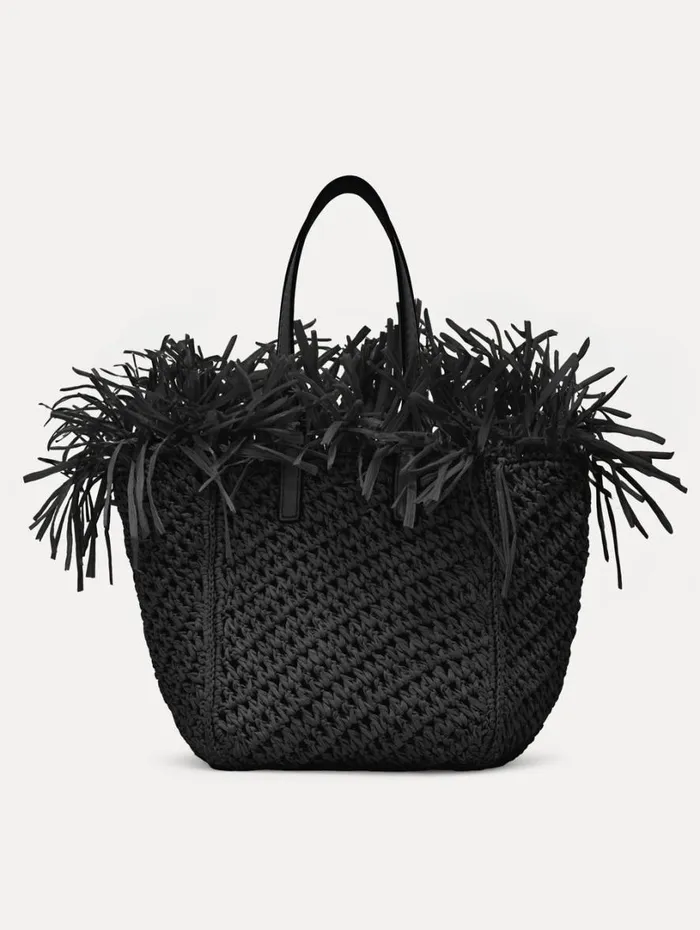 Oscar De La Renta Small Raffia Crochet Square Tote Black Women Handbags