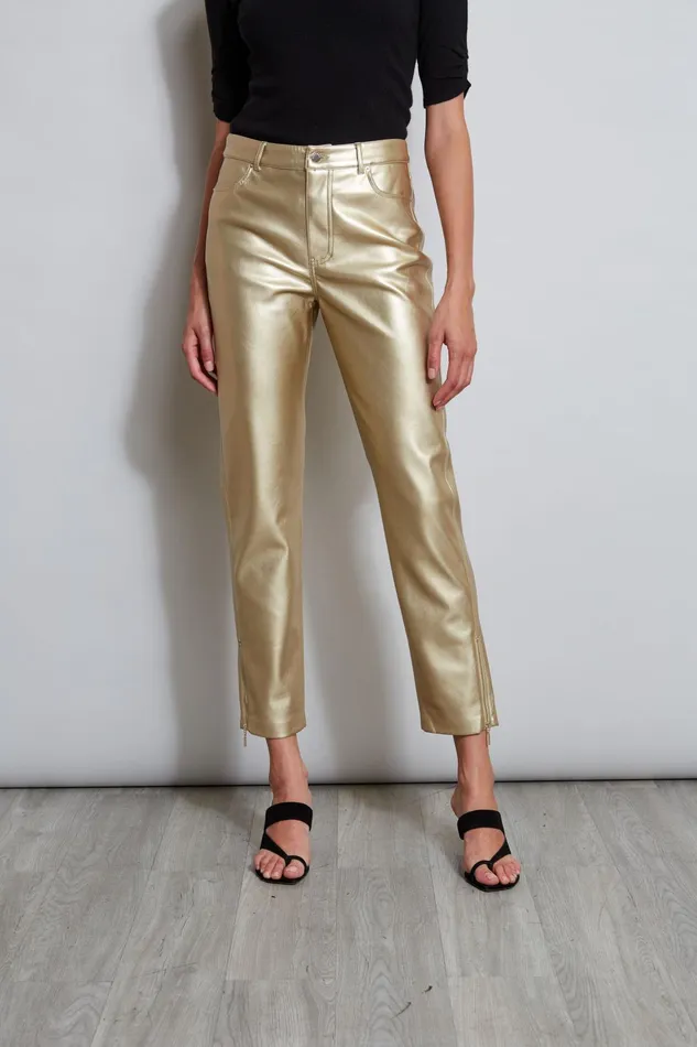 Outlet 8211 Women Bottoms Elie Tahari Metallic Vegan Leather Pant Brushed Gold
