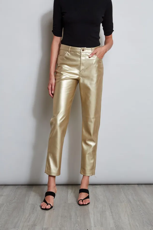 Outlet 8211 Women Bottoms Elie Tahari Metallic Vegan Leather Pant Brushed Gold