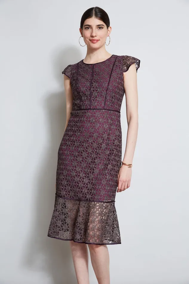 Outlet 8211 Women Dresses and Jumpsuits Elie Tahari Lace Flutter Sleeve Dress Plum