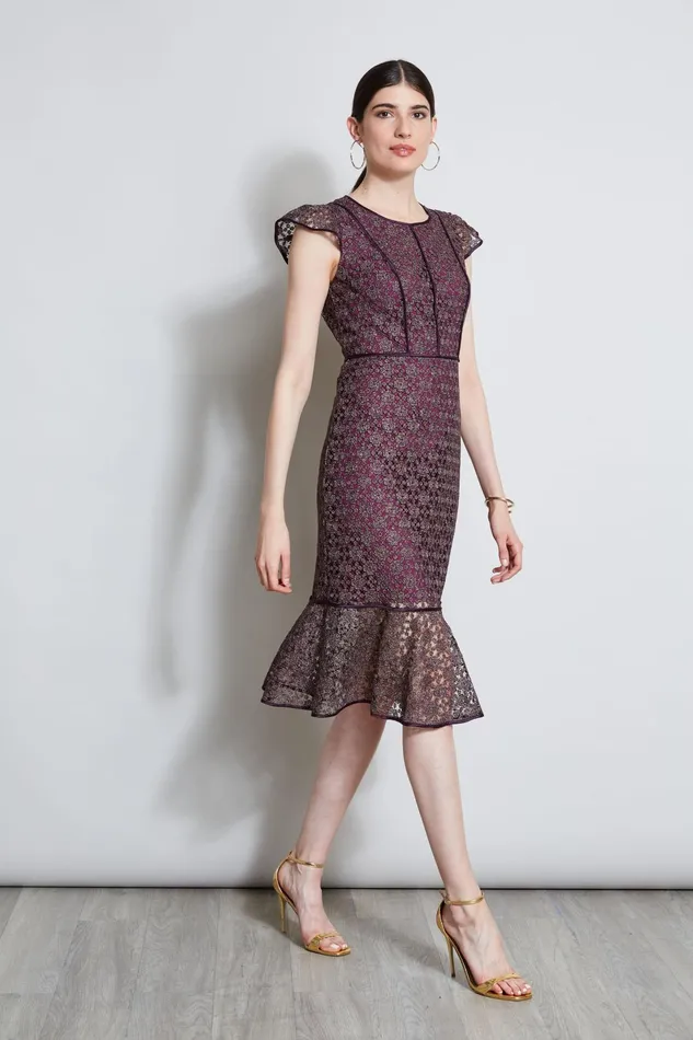 Outlet 8211 Women Dresses and Jumpsuits Elie Tahari Lace Flutter Sleeve Dress Plum