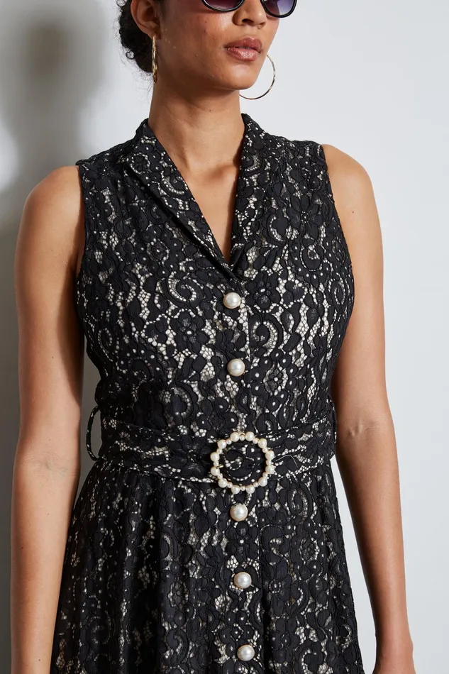 Outlet 8211 Women Dresses and Jumpsuits Elie Tahari Pearl Detail Lace Dress Noir Lace
