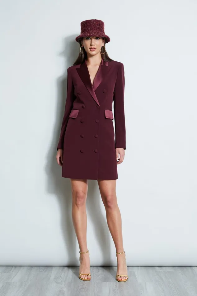 Outlet 8211 Women Dresses and Jumpsuits Elie Tahari Satin Tuxedo Coat Dress Cordovan