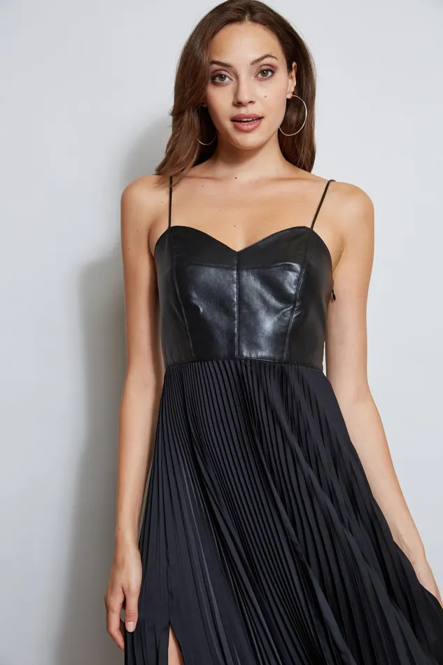 Outlet 8211 Women Dresses and Jumpsuits Elie Tahari Vegan Leather Pleated Dress Black