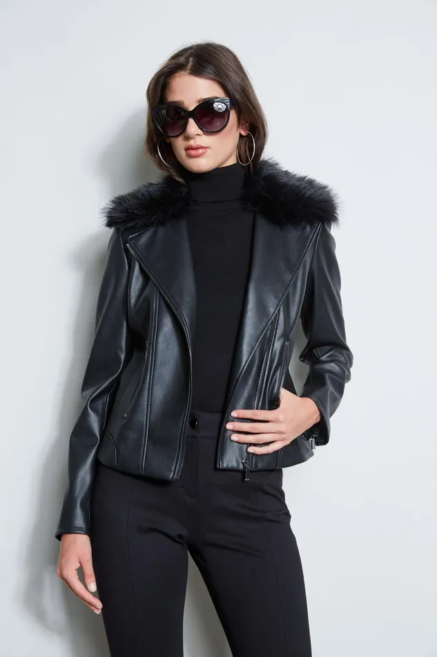 Outlet 8211 Women Jackets and Blazers Elie Tahari Faux Fur Collar Moto Jacket Black