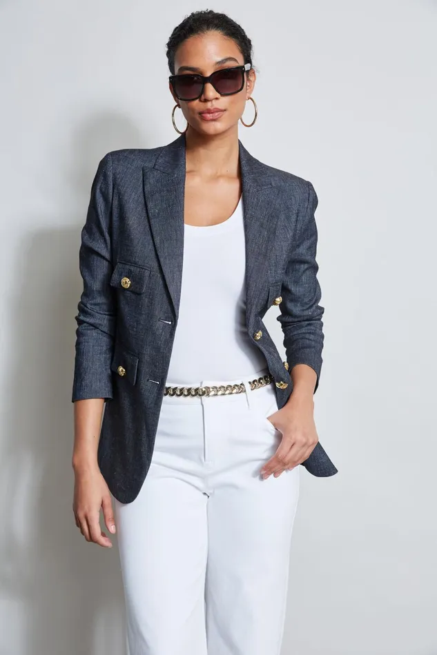 Outlet 8211 Women Jackets and Blazers Elie Tahari Linen Crest Button Blazer Denim