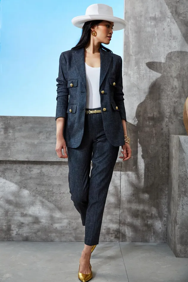 Outlet 8211 Women Jackets and Blazers Elie Tahari Linen Crest Button Blazer Denim