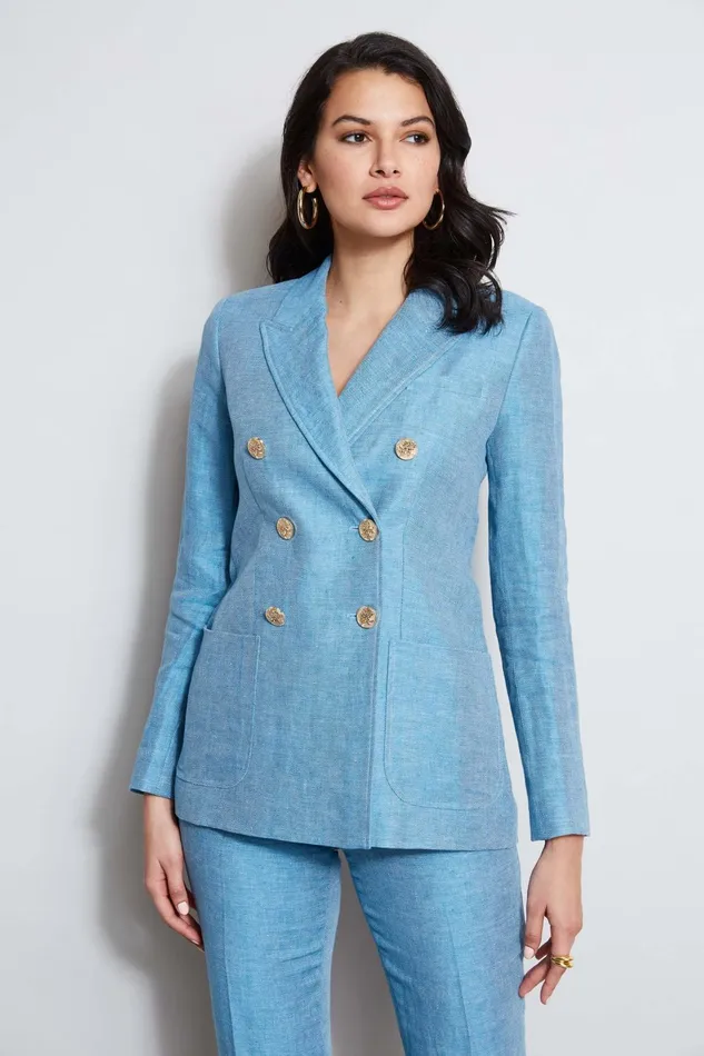 Outlet 8211 Women Jackets and Blazers Elie Tahari Linen Double Breasted Blazer Blue Beyond