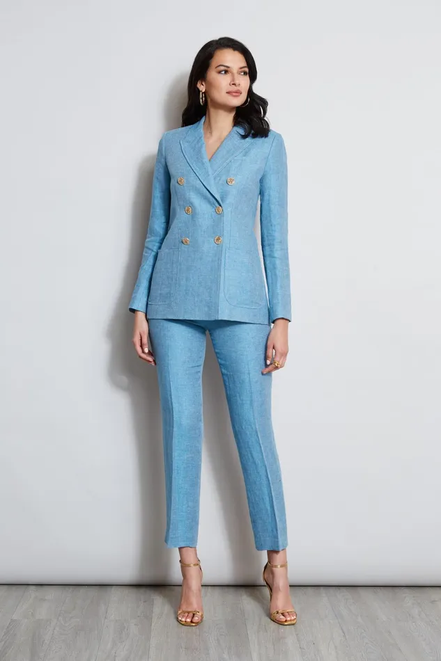Outlet 8211 Women Jackets and Blazers Elie Tahari Linen Double Breasted Blazer Blue Beyond