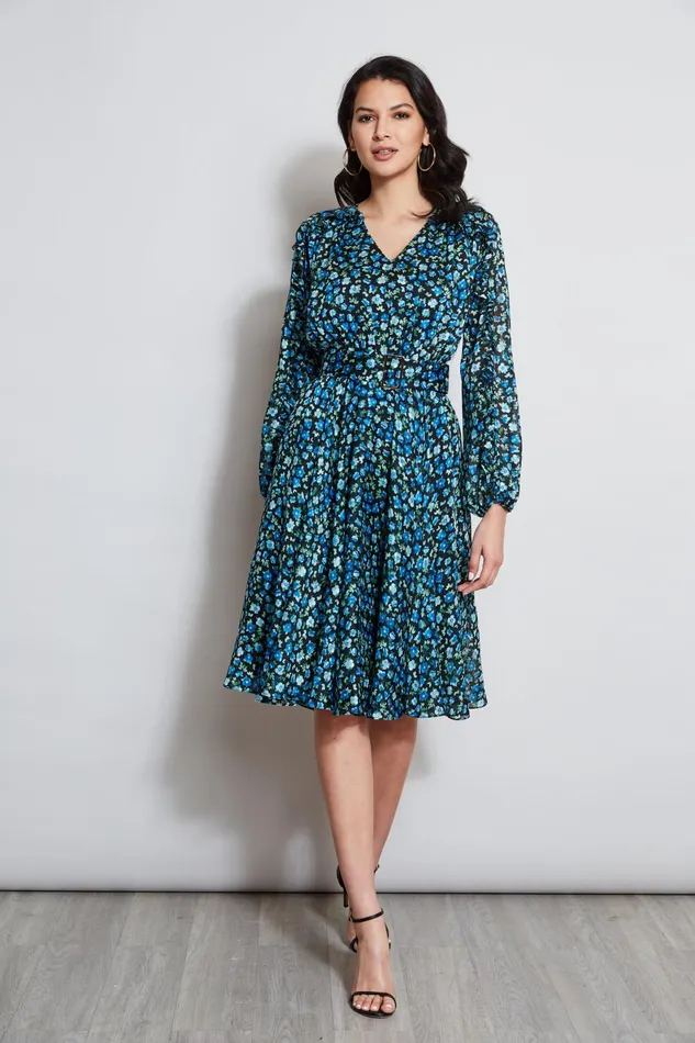 Outlet 8211 Women Long Sleeve Dresses Elie Tahari Floral Long Sleeve Belted Dress Forget Me Not Print