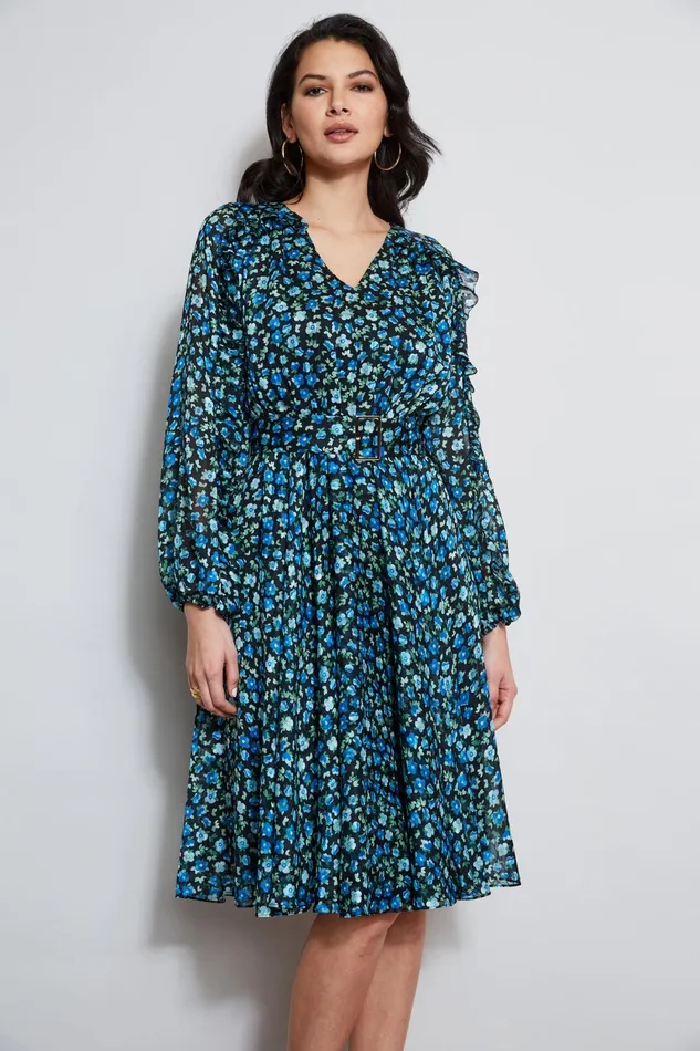 Outlet 8211 Women Long Sleeve Dresses Elie Tahari Floral Long Sleeve Belted Dress Forget Me Not Print