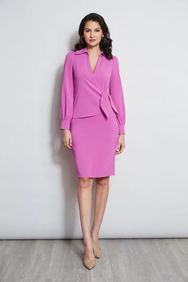 Outlet 8211 Women Long Sleeve Dresses Elie Tahari Mock Wrap Tie Dress Peony