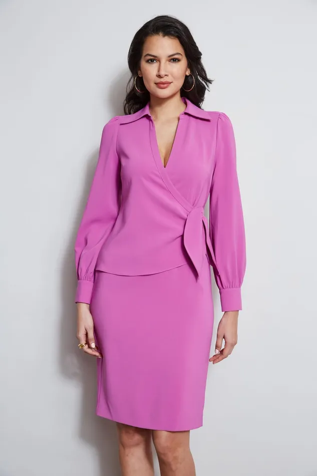 Outlet 8211 Women Long Sleeve Dresses Elie Tahari Mock Wrap Tie Dress Peony