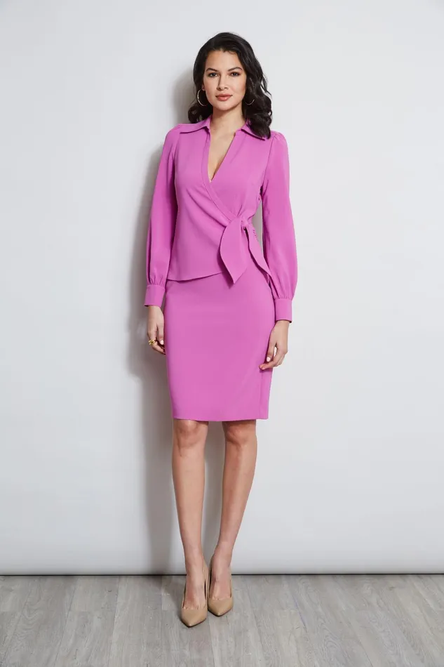 Outlet 8211 Women Long Sleeve Dresses Elie Tahari Mock Wrap Tie Dress Peony