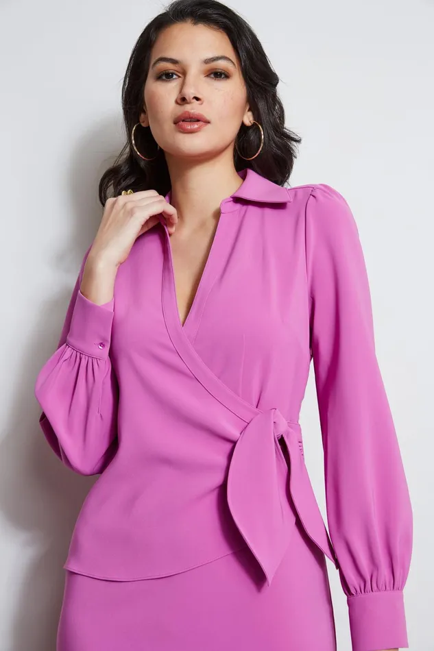 Outlet 8211 Women Long Sleeve Dresses Elie Tahari Mock Wrap Tie Dress Peony