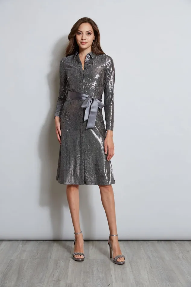 Outlet 8211 Women Midi Dresses Elie Tahari Sequin Shirt Dress Gunmetal