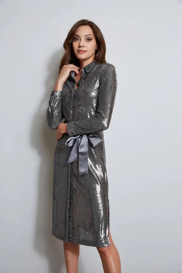 Outlet 8211 Women Midi Dresses Elie Tahari Sequin Shirt Dress Gunmetal
