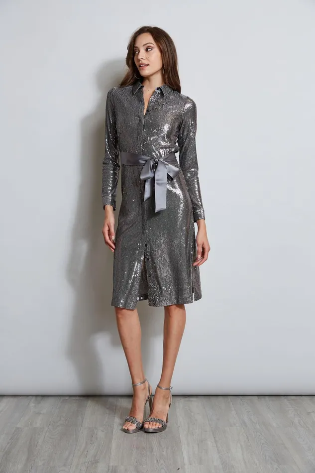 Outlet 8211 Women Midi Dresses Elie Tahari Sequin Shirt Dress Gunmetal