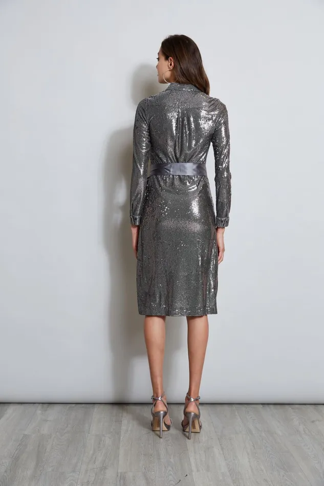 Outlet 8211 Women Midi Dresses Elie Tahari Sequin Shirt Dress Gunmetal