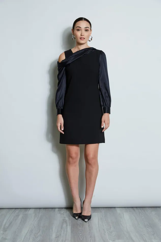 Outlet 8211 Women Short Dresses Elie Tahari Draped Satin Shoulder Dress Black