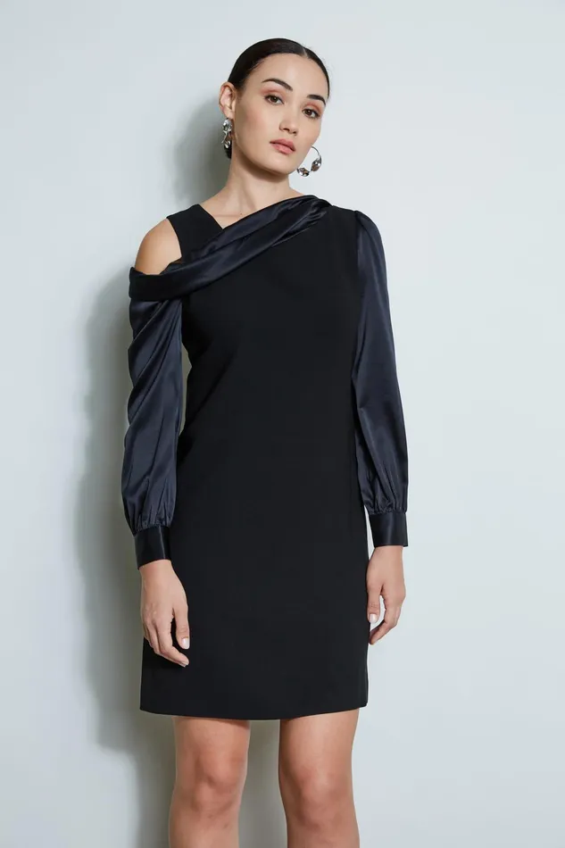 Outlet 8211 Women Short Dresses Elie Tahari Draped Satin Shoulder Dress Black
