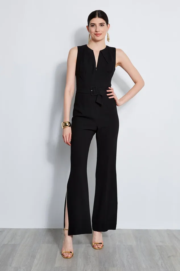 Outlet 8211 Women Sleeveless Dresses Elie Tahari Belted Slit Jumpsuit Black