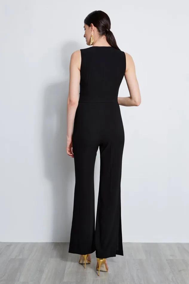 Outlet 8211 Women Sleeveless Dresses Elie Tahari Belted Slit Jumpsuit Black