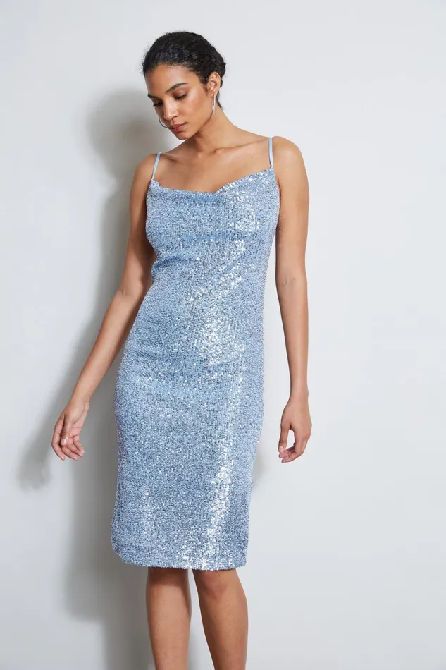 Outlet 8211 Women Sleeveless Dresses Elie Tahari Cowl Neck Sequin Dress Crystal Blue