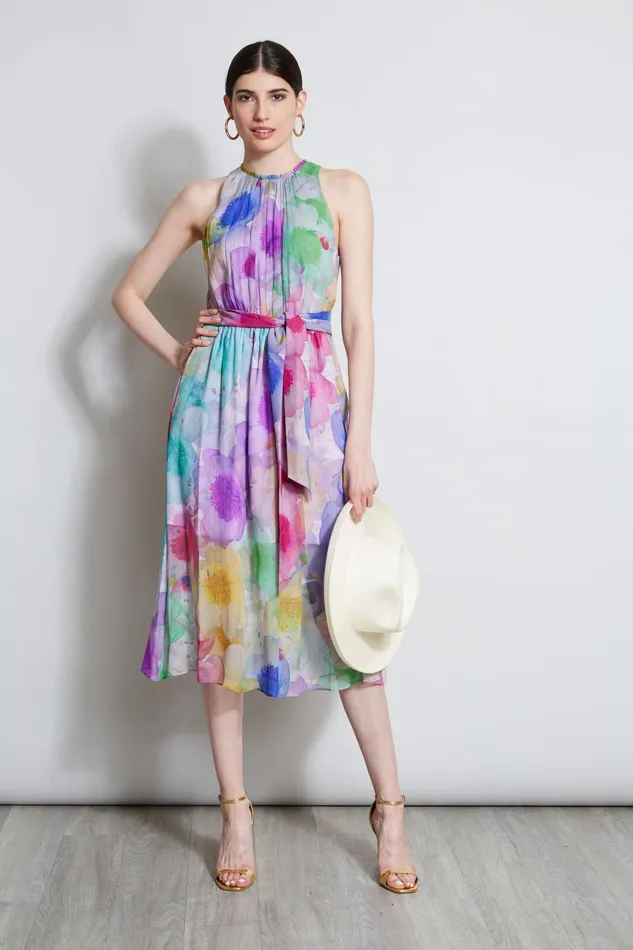 Outlet 8211 Women Sleeveless Dresses Elie Tahari Pigment Floral Silk Chiffon Halter Dress Multi
