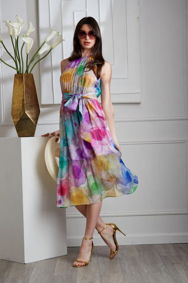 Outlet 8211 Women Sleeveless Dresses Elie Tahari Pigment Floral Silk Chiffon Halter Dress Multi