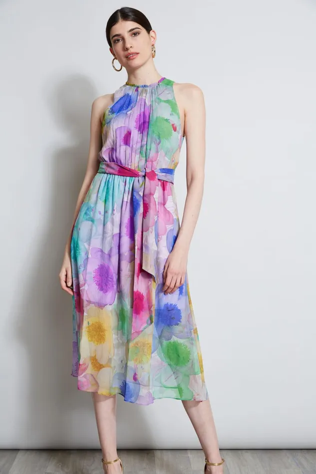 Outlet 8211 Women Sleeveless Dresses Elie Tahari Pigment Floral Silk Chiffon Halter Dress Multi