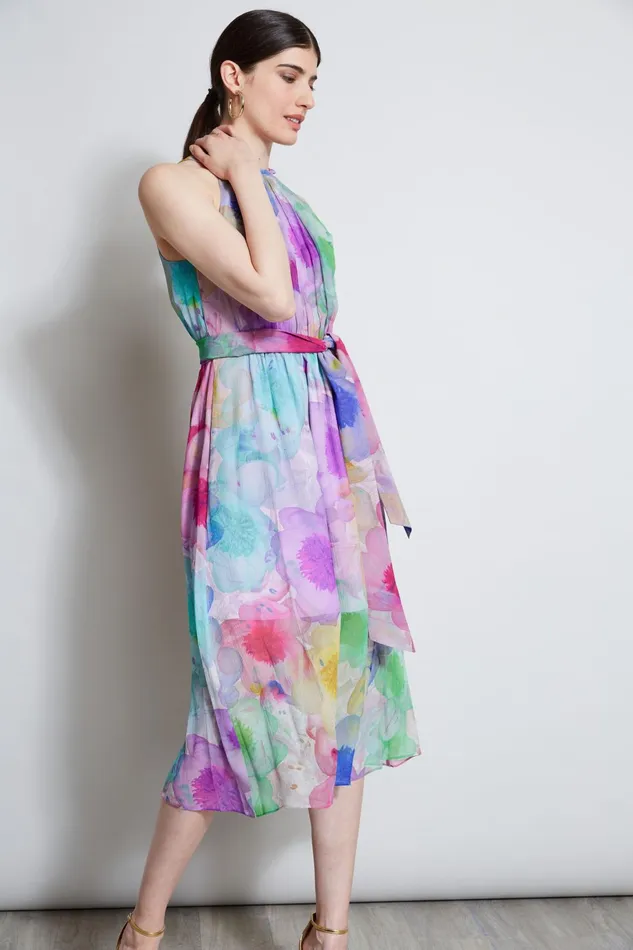 Outlet 8211 Women Sleeveless Dresses Elie Tahari Pigment Floral Silk Chiffon Halter Dress Multi
