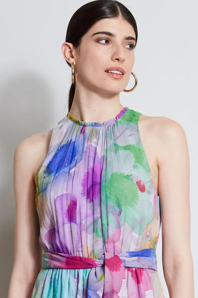 Outlet 8211 Women Sleeveless Dresses Elie Tahari Pigment Floral Silk Chiffon Halter Dress Multi