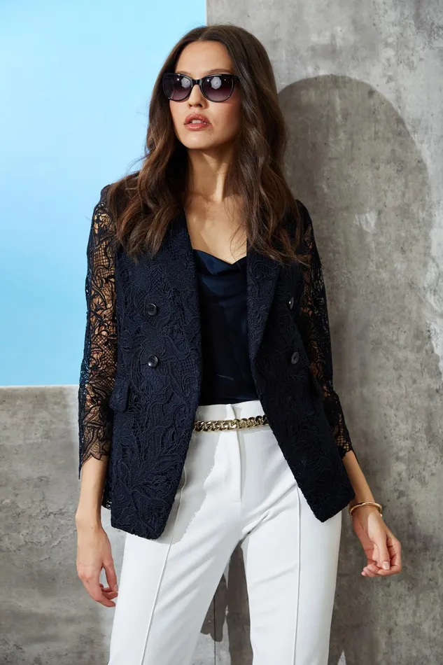 Outlet 8211 Women Suiting Elie Tahari Double Breasted Lace Blazer Stargazer