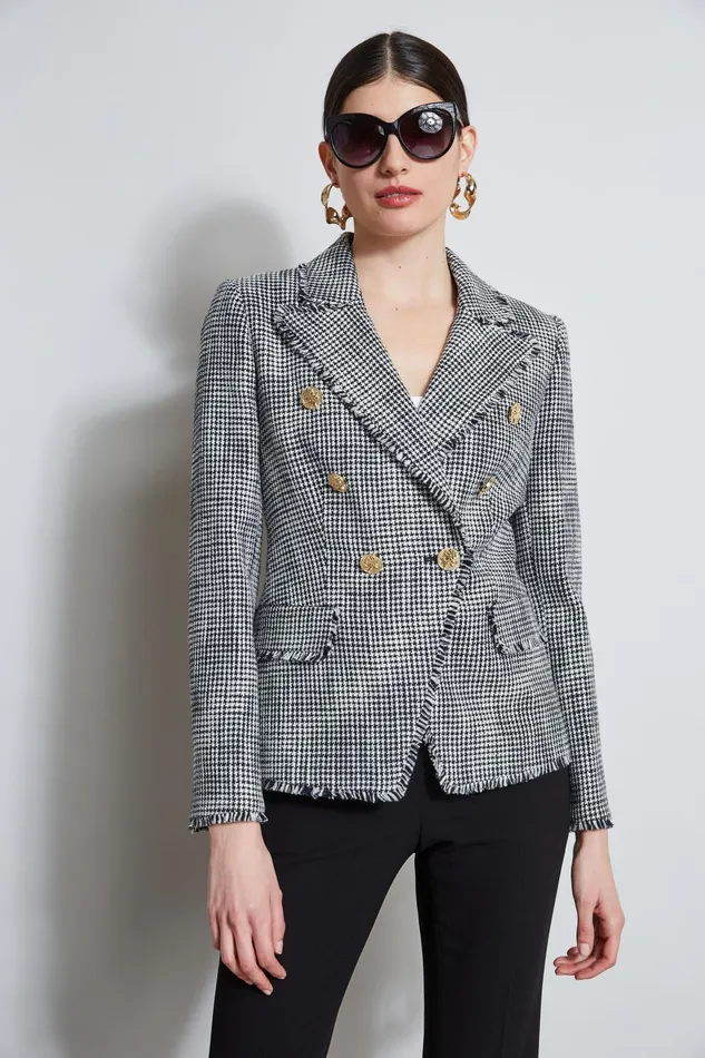 Outlet 8211 Women Suiting Elie Tahari Double Breasted Tweed Blazer Blkwht
