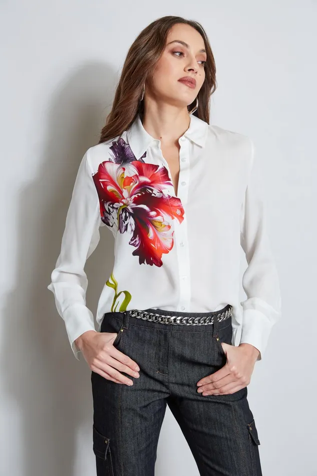 Outlet 8211 Women Tops Elie Tahari Digital Floral Silk Shirt Foam Multi