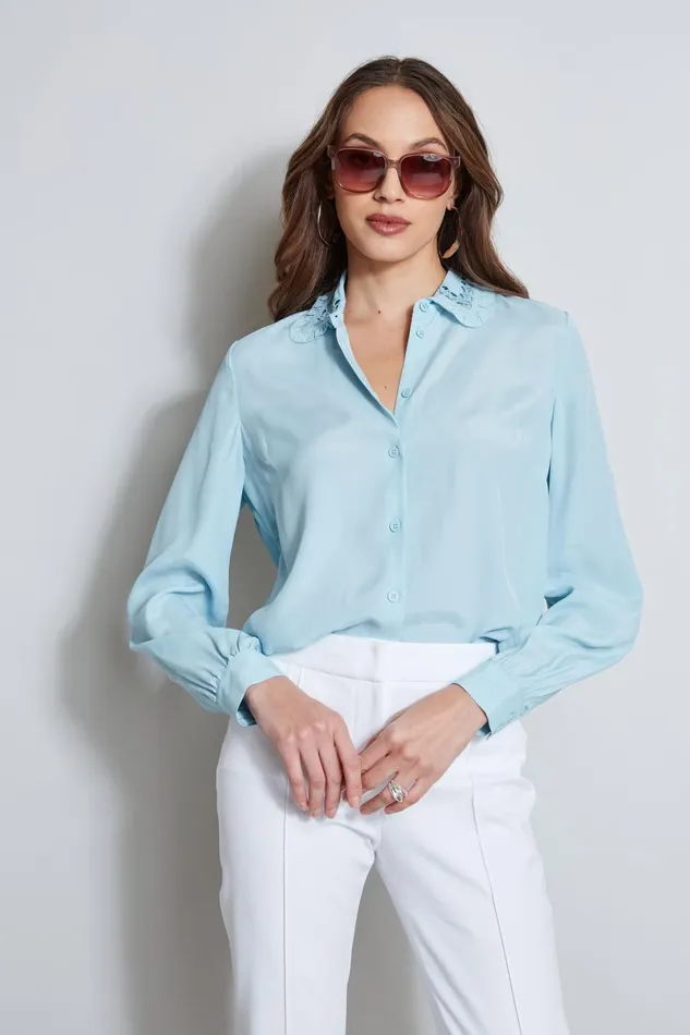 Outlet 8211 Women Tops Elie Tahari Embroidered Collar Shirt Sky Light