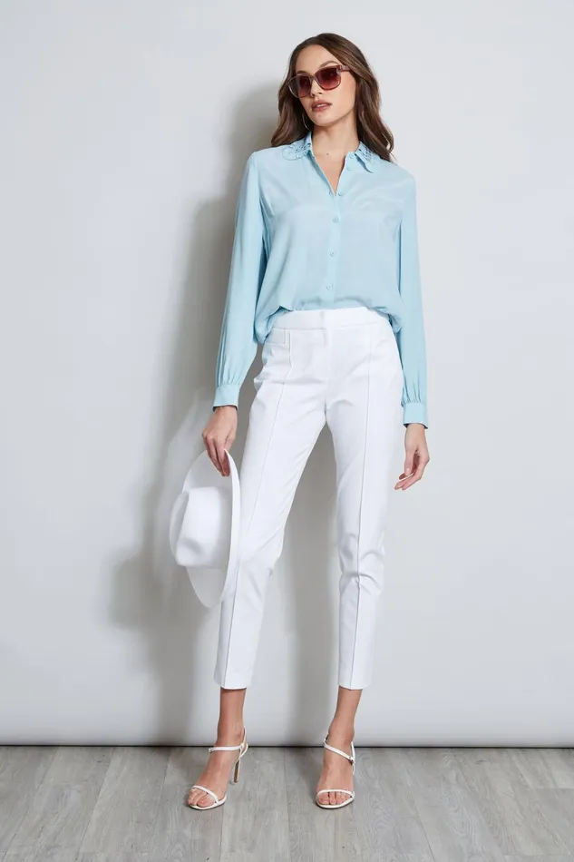 Outlet 8211 Women Tops Elie Tahari Embroidered Collar Shirt Sky Light