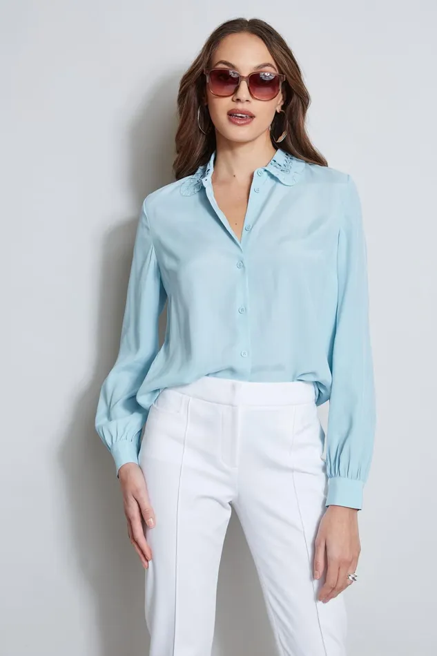 Outlet 8211 Women Tops Elie Tahari Embroidered Collar Shirt Sky Light
