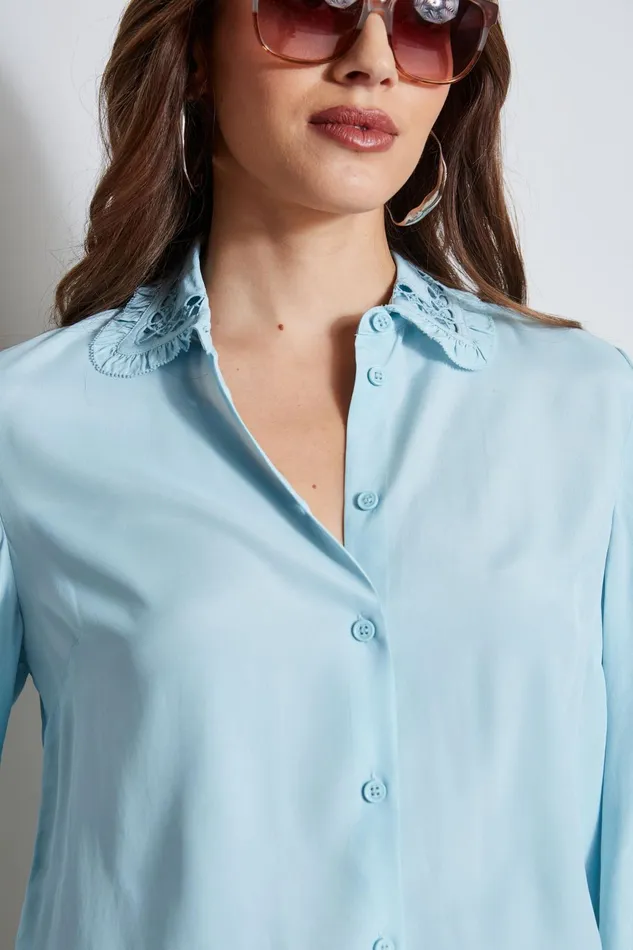 Outlet 8211 Women Tops Elie Tahari Embroidered Collar Shirt Sky Light