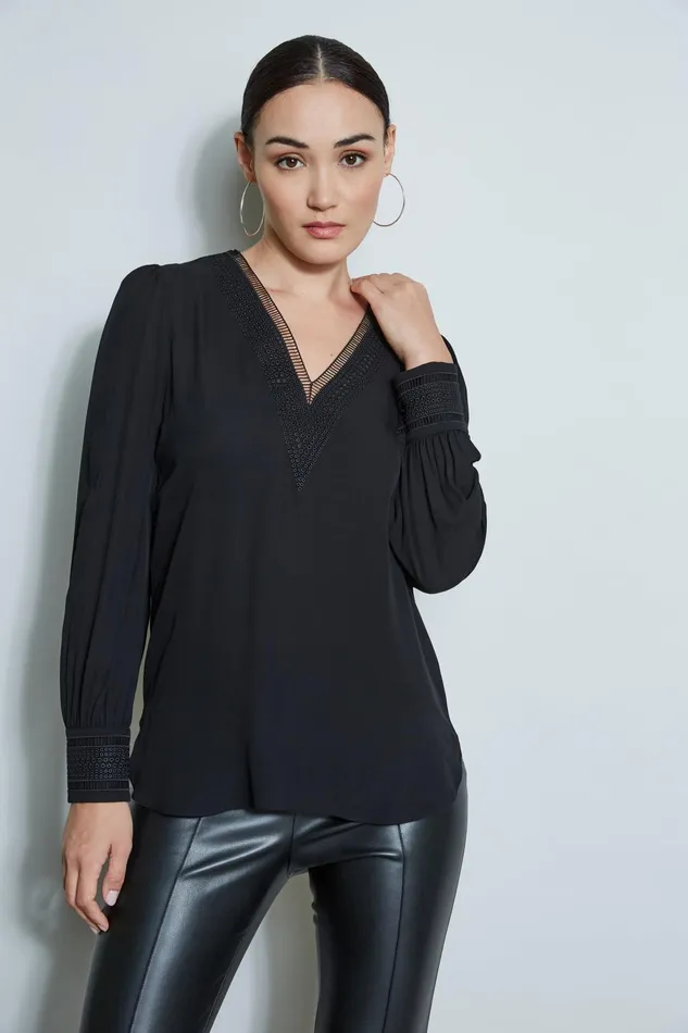 Outlet 8211 Women Tops Elie Tahari Embroidered Silk Shirt Black