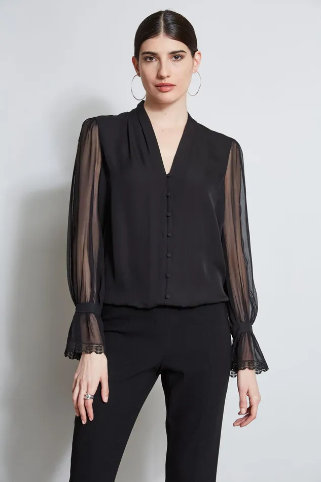 Outlet 8211 Women Tops Elie Tahari Embroidered Sleeve Blouson Shirt Black
